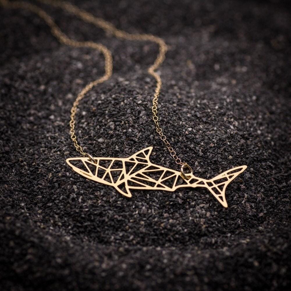 Solid 925 Sterling Silver Great White Shark Pendant Necklace – Gold Plated, 3D Design, Made In Italy