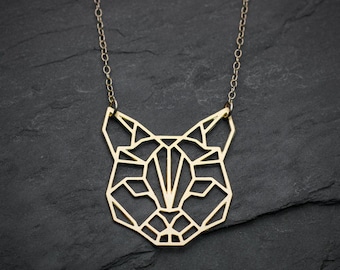 Cat necklace, gold geometric animal lover jewelry.