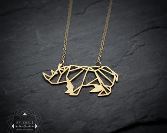 rhino necklace, gold geometric wildlife jewelry.