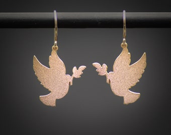 Gold dove dangle earrings, gold filled earrings, dove jewelry