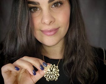 Lion necklace, gold geometric Leo zodiac jewelry.