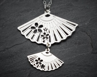 Fan necklace Japanese fan pendant fan charm silver fan necklace
