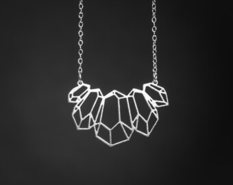 Geometric statement necklace, silver long woman necklace