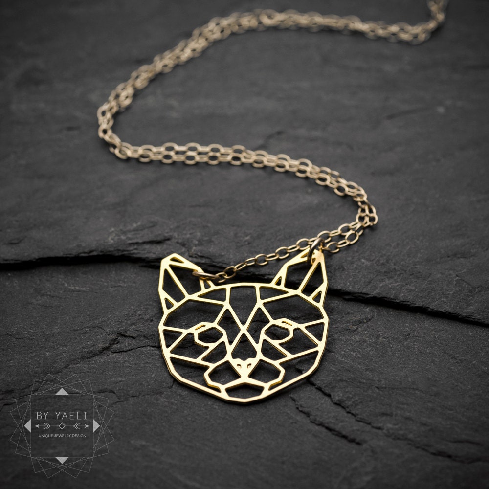 Cat Necklace Gold Cat Jewelry Geometric Origami Cat Pendant