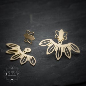 Ear jacket earrings, gold flower leaf ear jackets