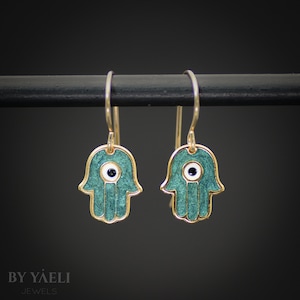 Hamsa earrings, gold Jewish good luck earrings, resin evil eye protection jewelry