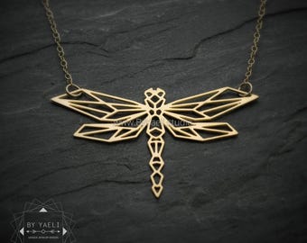 Dragonfly necklace, gold geometric bug necklace jewelry.