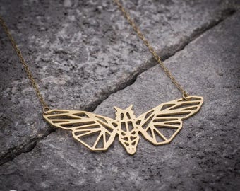 Moth necklace, gold geometric gothic jewelry