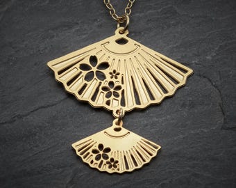 Fan necklace gold Japanese fan charm gold fan pendant