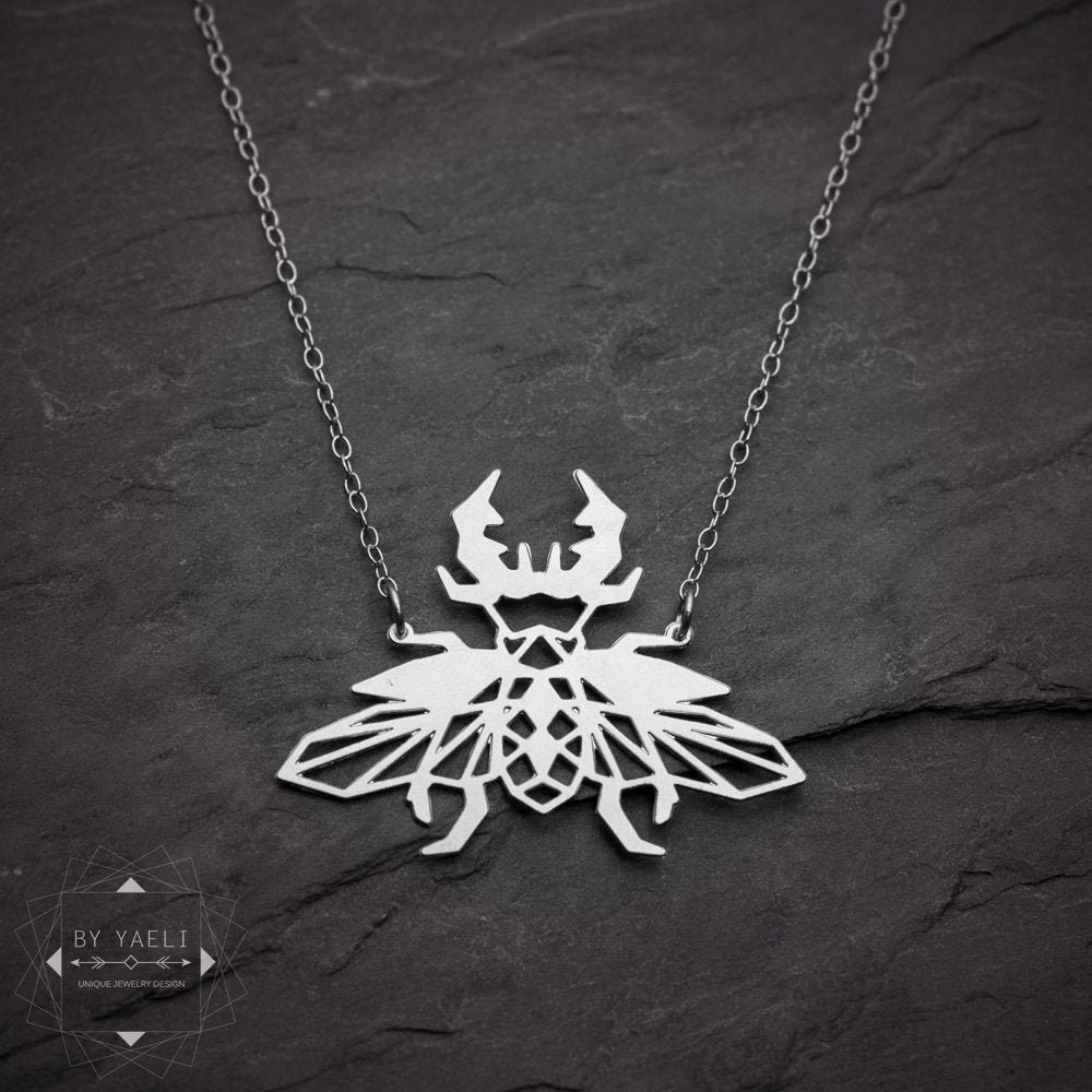 Beetle necklace geometric insect jewelry silver origami beetle pendant insect necklace