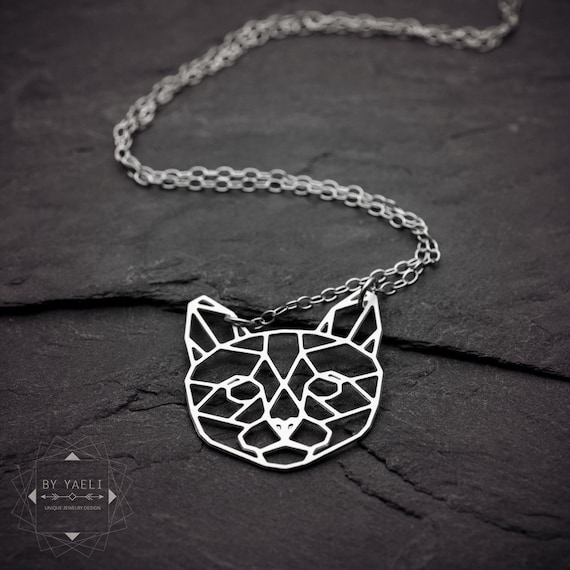 Cat Necklace Silver Cat Charm Geometric Origami Pendant Etsy