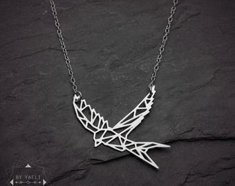 bird necklace, geometric swallow pendant.