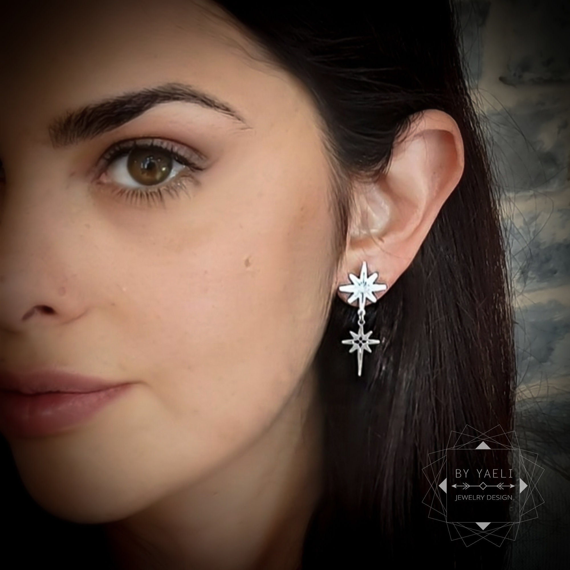 Orecchini pendenti North Star: ottone massiccio, ganci in argento sterling massiccio, zirconia cubica - Italia