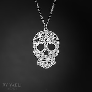 Sugar Skull Halskette Tag der Toten Halskette Silber Schädel Anhänger Goth Schmuck