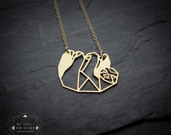 Sloth necklace, gold geometric wildlife jewelry .