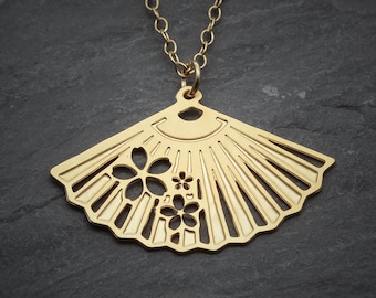 Fan necklace gold fan pendant Japanese fan charm