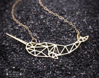 Whale necklace gold narwhal necklace origami whale pendant geometric nar whale