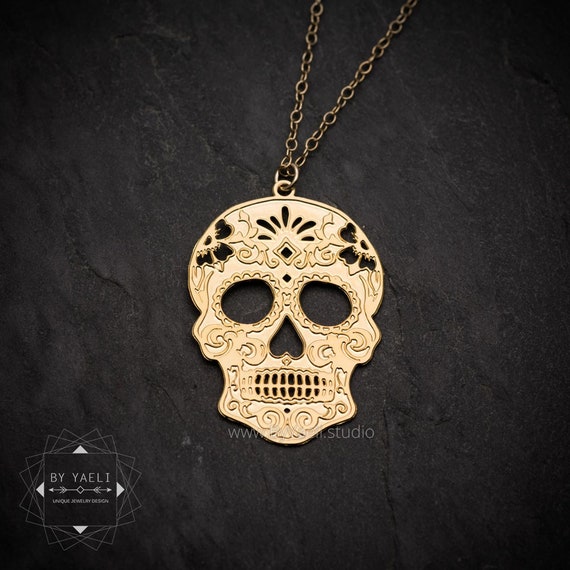 hand made necklace skull 亜熱帯 goa Sugar Skull Necklace Day of the Dead Necklace Gold Skull