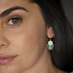 Hamsa earrings, gold Jewish good luck earrings, resin evil eye protection jewelry