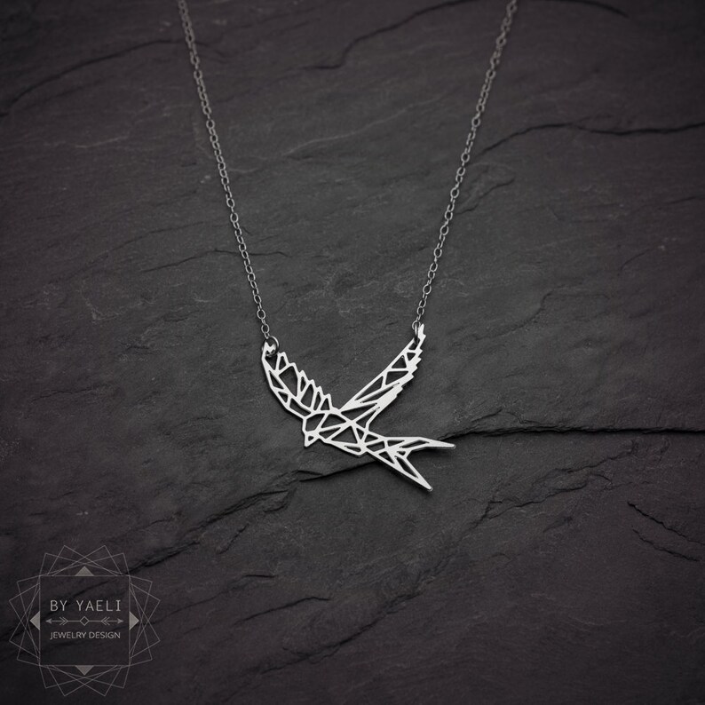 Sparrow necklace geometric swallow necklace silver origami bird necklace image 3