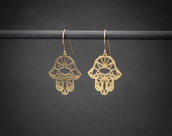Hamsa earrings, gold geometric dangle earrings, protection jewelry