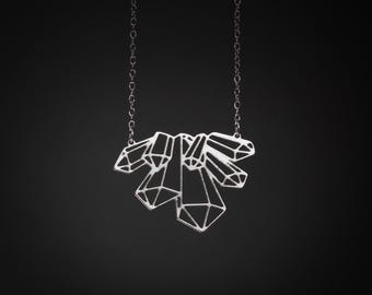 Crystal necklace, silver geometric statement wedding jewelry.