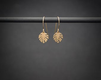 Monstera earrings, gold dangle leaf earrings tropical jewelry