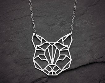 Cat necklace, silver geometric animal lover jewelry.