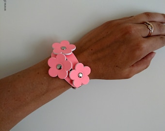 Woman Leather Bracelet "Pink Flower3"-Leather Cuff Wristband-Gift for her