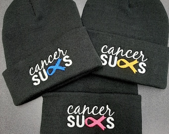 Cancer Sucks Embroidered Winter Hat Beanies - Multiple Ribbon Color Options Available
