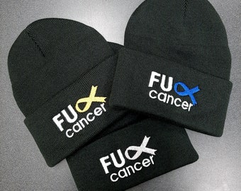 Fuck Cancer Embroidered Winter Hat Beanies - Multiple Ribbon Color Options Available