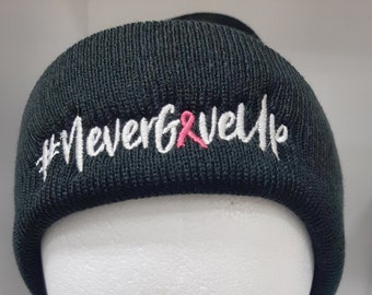 Never Give Up Cancer Ribbon #nevergiveup Embroidered Winter Hat Beanies - Multiple Ribbon Color Options Available