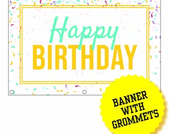 Happy Birthday Banner Confetti Design 3 feet by 2 feet Grommets for Hanging Blank Space Write Message Name Vinyl Waterproof Indoor Outdoor