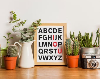 ABC I Love You Alphabet - 8 x 10 Art Print - Typography Nursery Classroom Valentine Gift Wall Art Home Decor