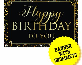Happy Birthday Banner Gold and Black 3 feet by 2 feet Grommets for Hanging Blank Space Write Message or Name Vinyl Waterproof Indoor Outdoor