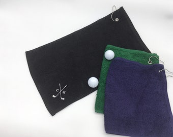 Personalised embroidered golf towel with golf design and two initials / letters - choice of towel colours black, navy, green