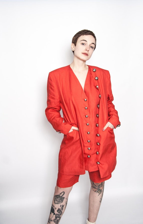 coral blazer and shorts