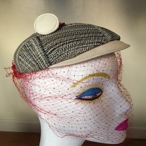 1940s Beret Hat Cream and Black with Red Netting White Tassle