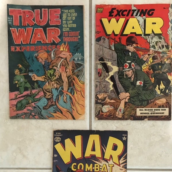 THREE 1952 Pre Code WAR COMICS Exciting War #5 War Combat #4 and True War Experience #3 Golden Age Comics