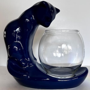 Royal Haeger Bright Navy Blue CAT with FISH BOWL 1950s