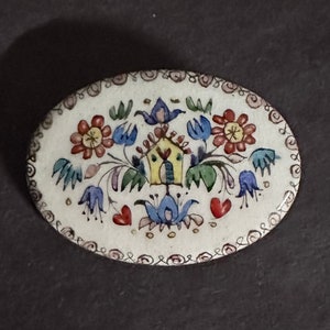 Austrian Folk Art COPPER ENAMEL BROOCH 1920s 30s Pretty Oval