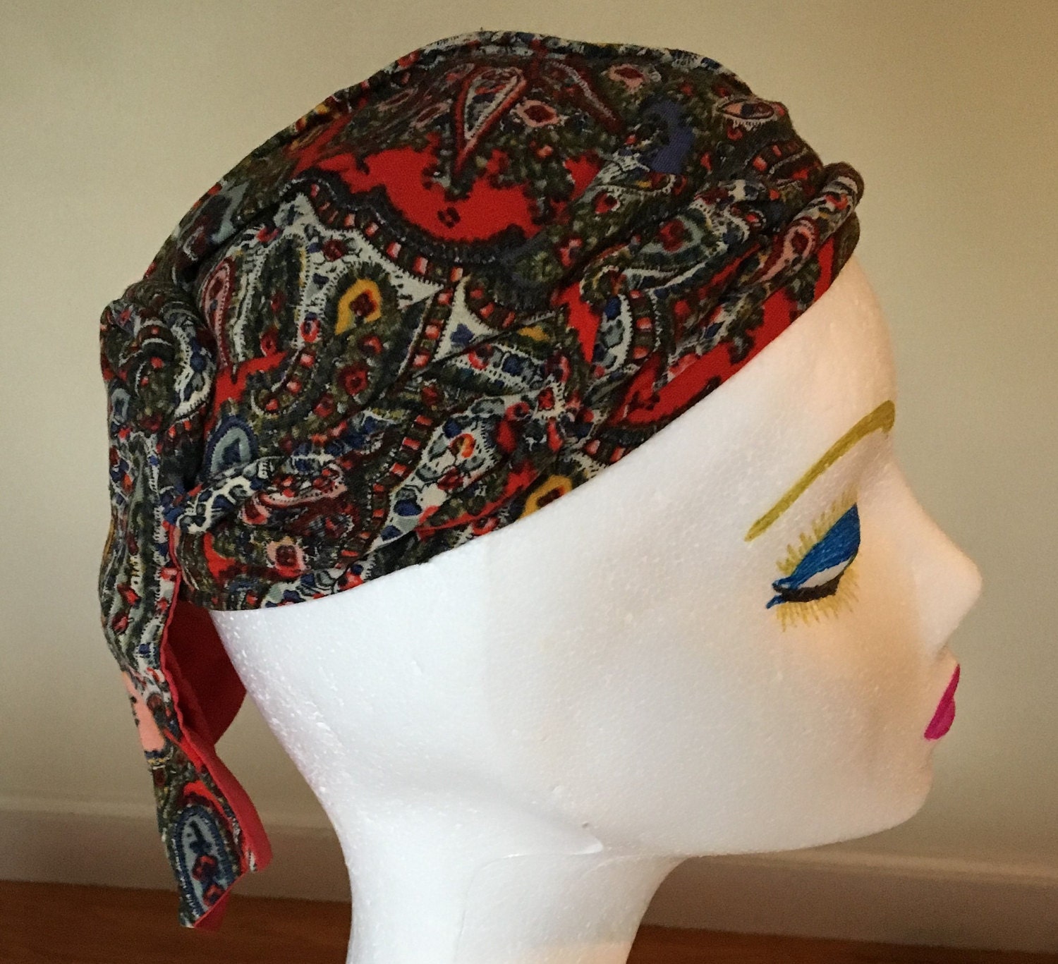 1960’s Mod Turban Silky Paisley Hat vintage Vintage Turquoise Paisley Turban Hat Sequins & Beads, 1960s  main image 2