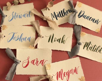 Watercolour Wedding Place Cards – Handwritten Name Cards on Cotton Paper – Gold Leaf Finish – Blue, Green, Pink, Dark Blue Table Settings
