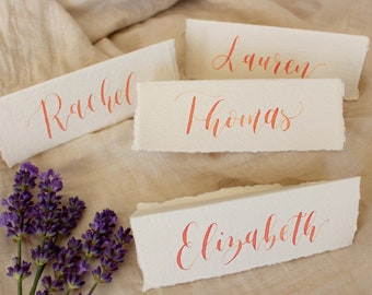 Calligraphy Place Cards for Summer / Autumn Wedding, Peach Colour, Handmade Cotton Paper