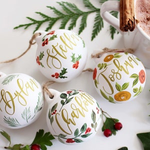 Personalised Baubles - Hand Painted and Hand Lettered, Gold Calligraphy and Greenery, Berries, Pine branches