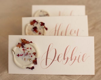 Handwritten Rose Garden Place Cards - Shimmery  Pink Calligraphy on White Card + White Rose Petal Wax Seals