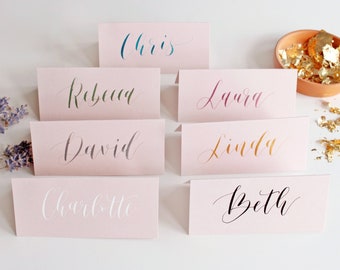 Blush Pink Calligraphy Place Cards with your choice of ink: Black, White, Gold, Silver, Moss Green, Mauve, Turquoise - Wedding Stationery