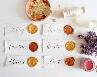 Cotton Paper Calligraphy Place Cards With Wax Seals - Wedding Stationery - Personalised Name Cards