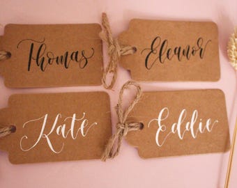 Bespoke Modern Calligraphy - Handwritten Kraft Name Tags - Black or White Calligraphy - Classic Wedding Stationery