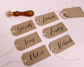 Modern Calligraphy Name Tags Set of 5x Rustic Kraft Brown Tags Personalised Wedding Names Hand Lettered Tags Black Ink